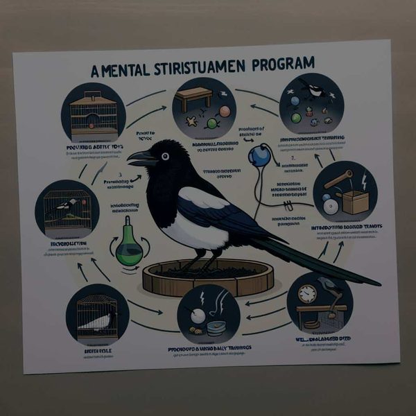 Comment structurer un programme de stimulation mentale pour un corbeau pie en captivité ?